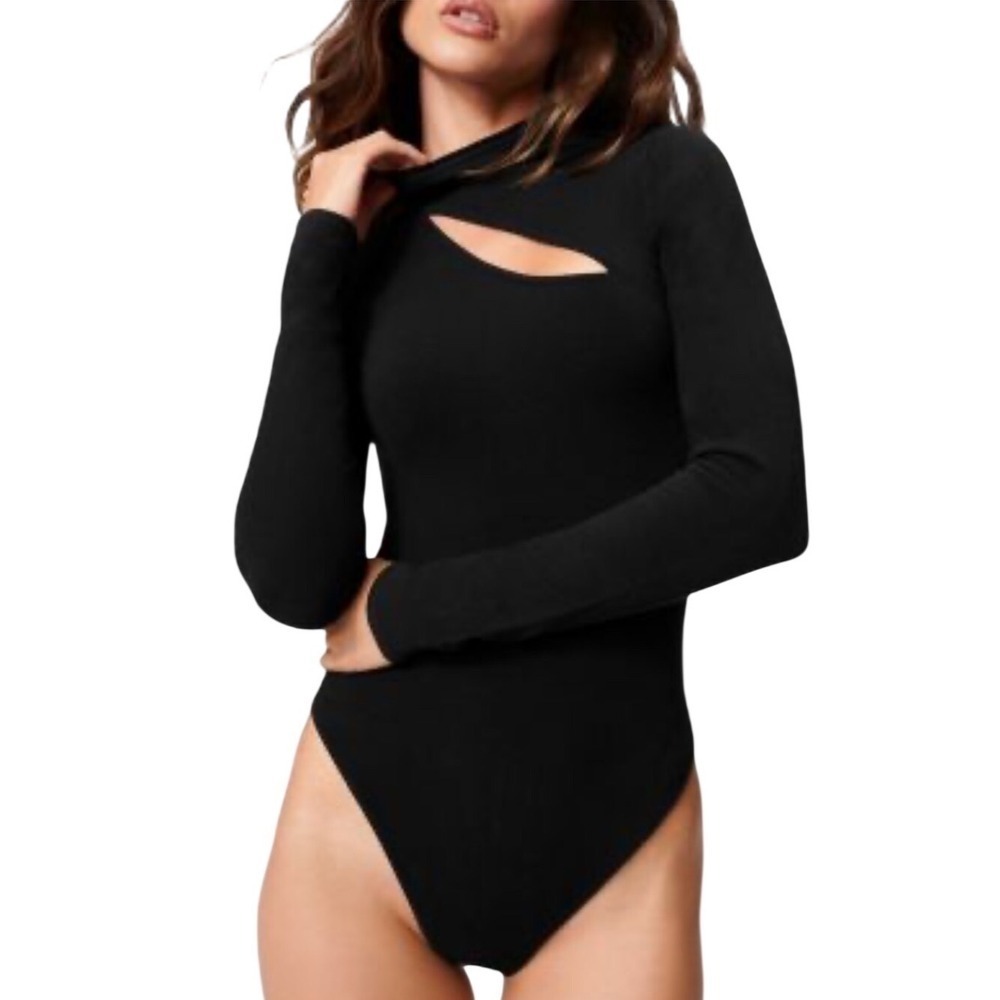 Hudson Los Angeles Womens Black Ribbed Mock Neck Cutout Bodysuit CACBLK3910 M